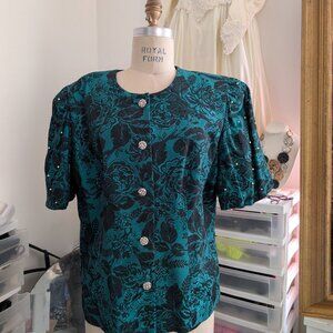 Vintage Green Floral Brocade Blazer with Rhinestone details, Medium